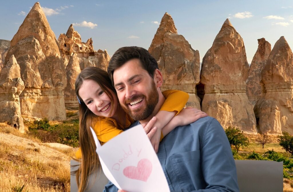 Smiling man and young girl hug from behind as they read a card that says 'Daddy' with a pink heart, with tall desert rock formations behind them.