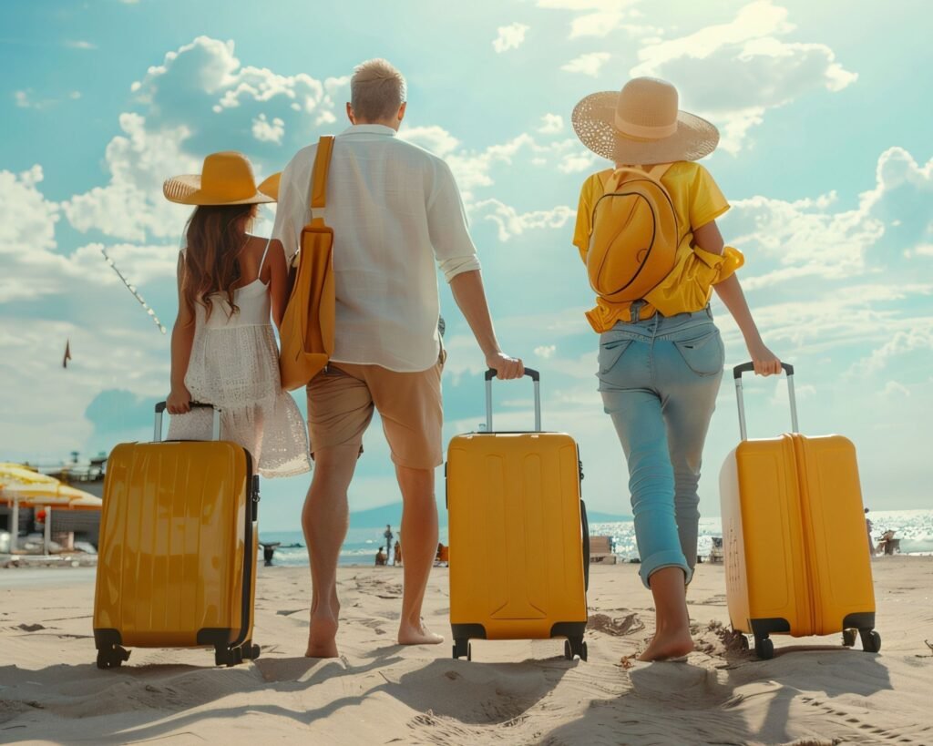 Family walking on a sunny beach with matching yellow suitcases and large hats, seen from behind at shoreline