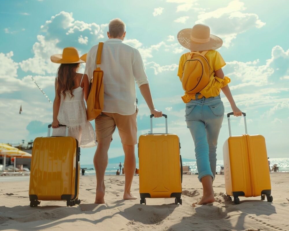Family walking on a sunny beach with matching yellow suitcases and large hats, seen from behind at shoreline