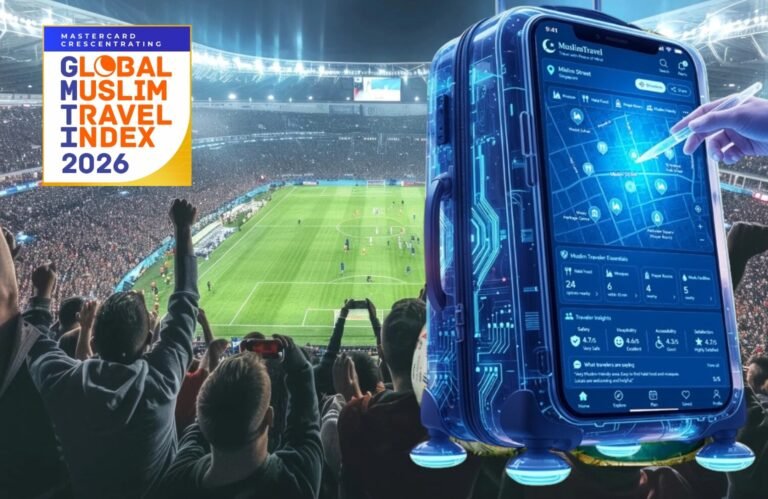 Crowded stadium with a giant glowing smartphone displaying a travel map beside the 'Global Muslim Travel Index 2026' logo.