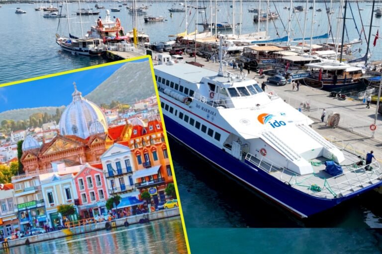 Collage of a seaside marina with a large white ferry and moored boats; an inset shows colorful Italian city buildings and a domed cathedral.