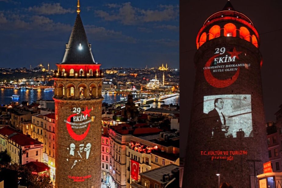 Galata Kulesi Atatürk fotoğraflarıyla aydınlandı
